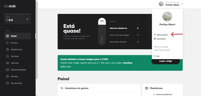 Passo 1: Como aceder aos dados pessoais na aplicação Bluwalk