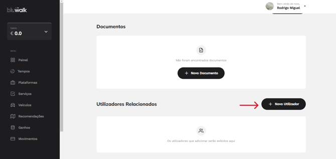 Passo 2: Como encontrar “Utilizadores relacionados” e selecionar “Novo utilizador” na aplicação Bluwalk
