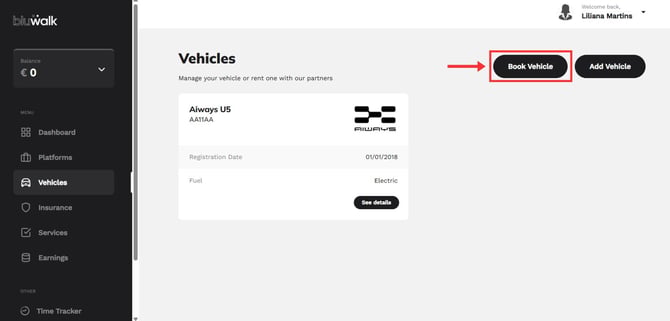 Como reservar uma viatura TVDE na Bluwalk 3 en