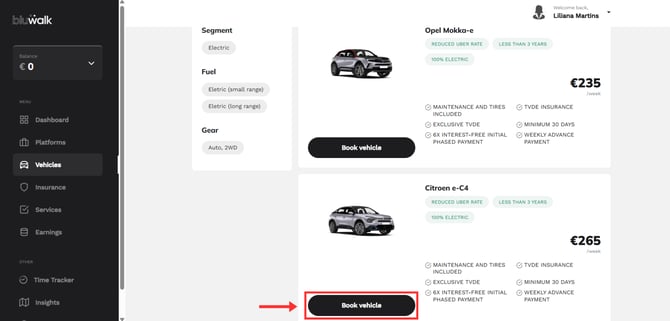 Como reservar uma viatura TVDE na Bluwalk 5 en