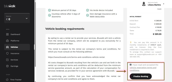 Como reservar uma viatura para TVDE na Bluwalk 7 en