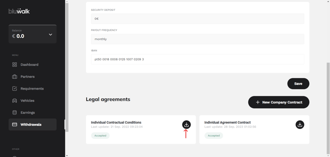 Step 4 for service contract: button to download the document in the Bluwalk app
