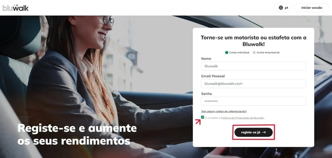 Passo 2: Preencher os campos e clicar em "Registe-se já"