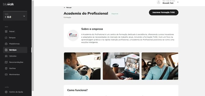 Passo 1 da inscrição online: Selecionar 'Inscrever Formação TVDE