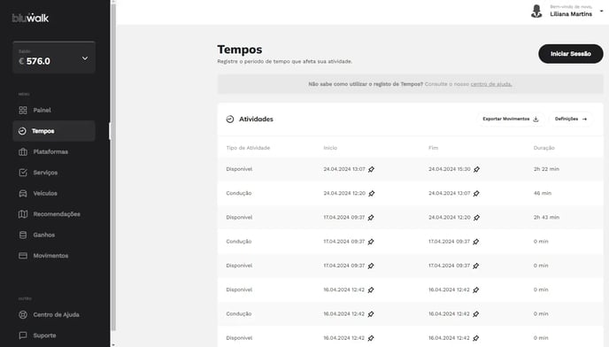 Painel de tempo na app Bluwalk