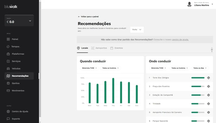Painel de recomendações na app Bluwalk