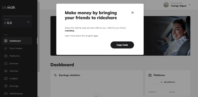Step 2 to earn money by bringing friends : Copy code in the Bluwalk app