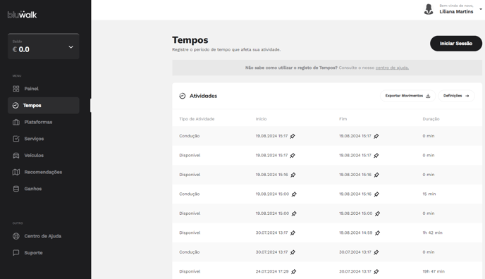 Registo dos tempos de trabalho na app Bluwalk