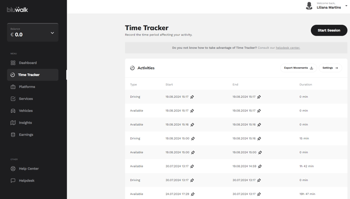 Time tracker in the Bluwalk app