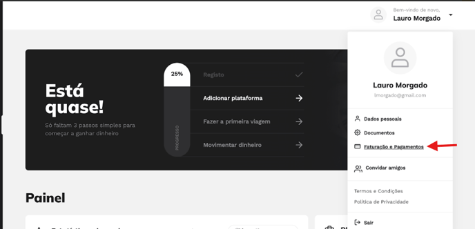 Passo 1 para aceitar o convite: Faturação e Pagamento na app Bluwalk