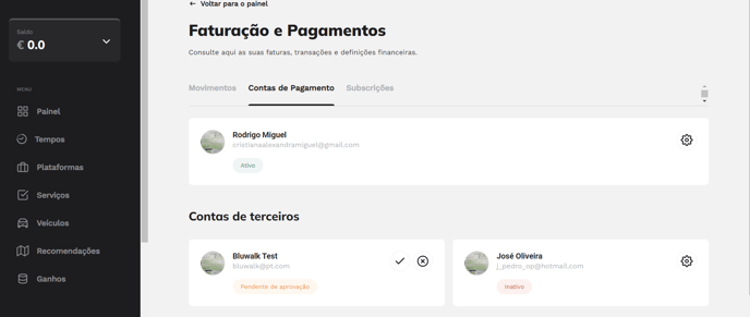 Passo 2 para aceitar o convite: Secção Contas de Pagamento na app Bluwalk