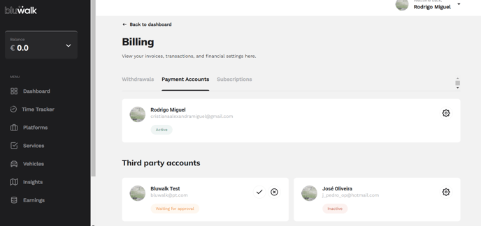 Step 2 to accept the invitation: Payment Accounts section in the Bluwalk app