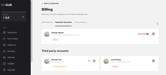 Step 2 to change the IBAN in the Bluwalk app: Payments Accounts section