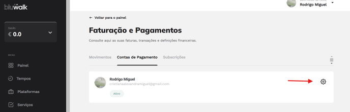 Passo 2 para alterar o IBAN na app Bluwalk: Secção Contas de Pagamentos