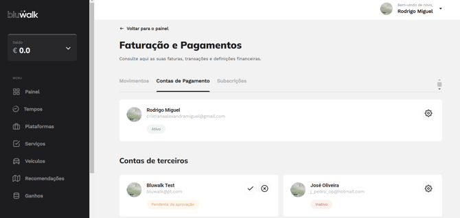 Passo 2 para aceitar o convite: Secção Contas de pagamento na aplicação Bluwalk