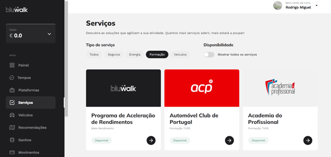Painel de Serviços na app Bluwalk
