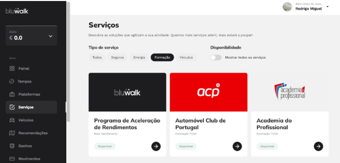 Services panel in the Bluwalk app